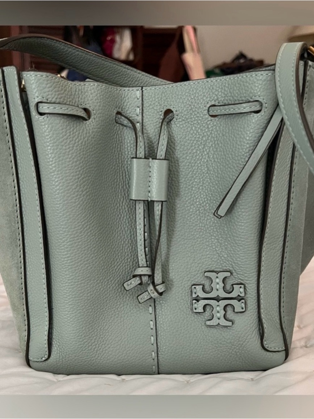 Tory Burch Mint Green Pebbled Leather Drawstring Shoulder Bucket Bag